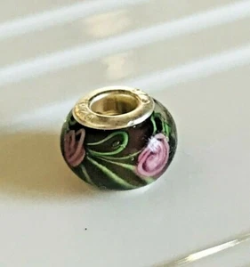 GLASS Lampwork BLACK Floral 925 SILVER Plated European Bead CHARM Flower Unique - Bild 1 von 3