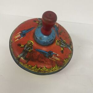 Metal Toy Top Spinning Tin Litho  Space Atomic Astronaut Rockets Space Ship