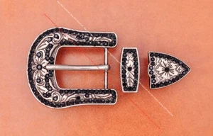 Black Crystal Rhinestone Western Cowboy Rodeo Belt Buckle Set Fit 30MM Strap - Picture 1 of 9