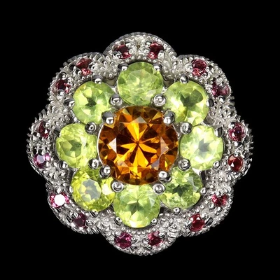 Anello in argento sterling 925 tondo citrino peridoto rodolite gemma... - Immagine 1 di 4
