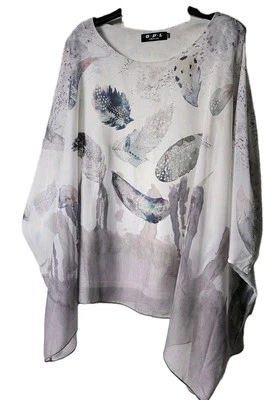 OPL LADIES LOOSE FIT FEATHER PRINT BATWING BLOUSE TUNIC KAFTAN TOP 3/4 SLEEVE - Image 1 of 4