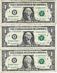 $1 One Dollar Bill Star Note 2013 Duplicate Serial number Error NY /FW 3 pieces - Picture 1 of 2