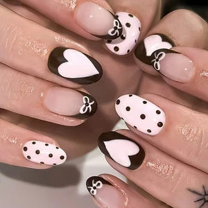 Pack of 24 Short Round Faux Nail Featuring Heart Dots Bows Pattern Shimmering - Picture 1 of 8