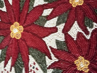 ✿ Vintage Beaded Christmas Table Runner Red Poinsettia Flowers Holiday Decor - Image 1 of 4