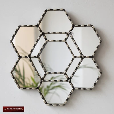 Handmade Hexagonal Wall Mirror 11.8" from Peru, Silver Accent Mirror Decorative - Image 1 of 4