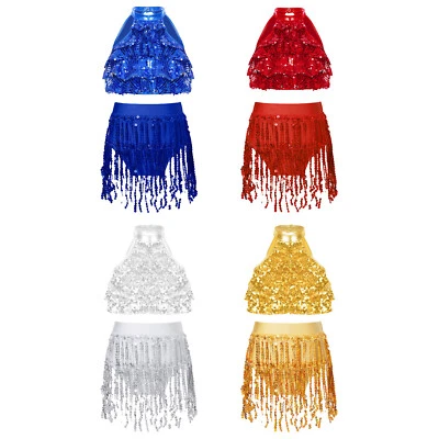 Kids Girls Crop Top With Skirt Salsa Dress Stage Vest And Skirts Sparkly Sequin - Image 1 of 3
