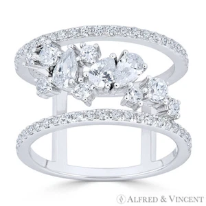 Anillo ancho de doble banda de doble banda de CZ de la mano derecha CZ .925 Plata esterlina Rhodium - Imagen 1 de 1
