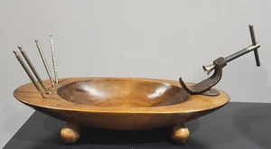 vtg wood nut bowl Cracker Picks HOLLY WOODWORKERS NY MCM METAL PICKS 14 3/4" L  - Picture 1 of 14