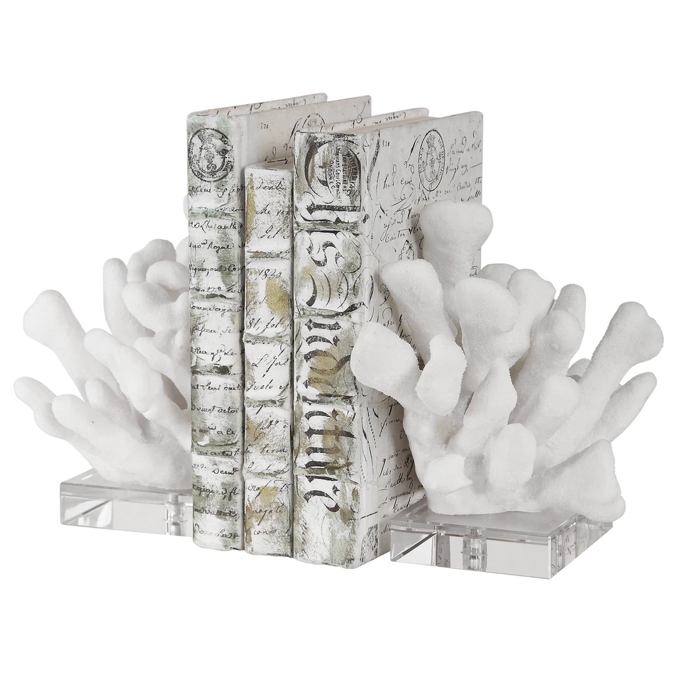 Luxe White Faux Coral Sculpture Bookends Set 2 | Crystal Coastal Reef Sea Shell - Image 1 of 4