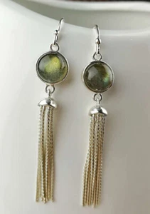 B09 Ohrring Labradorit Stein des Sternzeichen Löwe Quaste Sterling Silber 925  - Bild 1 von 8