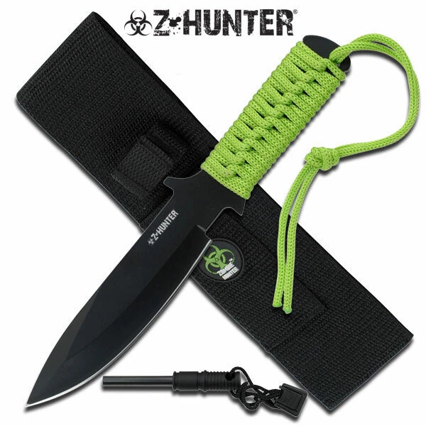 Z-HUNTER 9" FIXED W/ GREEN CORD WRAPPED HANDLE + SHEATH + FIRE STARTER ZB-005  - Image 1 of 1