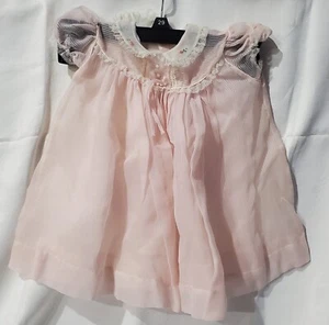 Vintage Baby Button Smock Dress Pink Lace Ruffle Short Sleeve Sheer - Picture 1 of 10