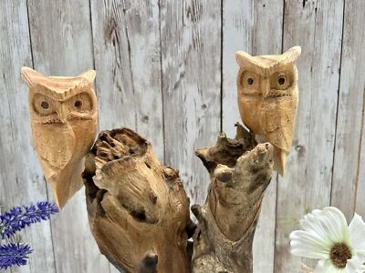 Carved Owl Ornament Driftwood Bird Wood Log Wooden Sculpture Tawny Owls on Stump - Image 1 of 4
