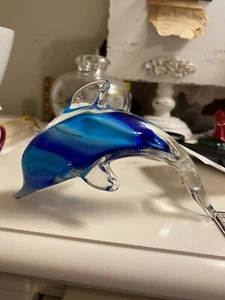 HAND BLOWN ART GLASS Dolphin Porpoise Swirls of Blue & Turquoise Figurine Paper  - Bild 1 von 10