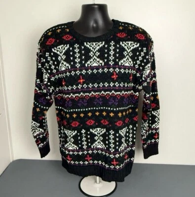 Vintage Hasting & Smith Sweater Womens Large Cottage Geometric Chunky Knit Black - Image 1 of 4