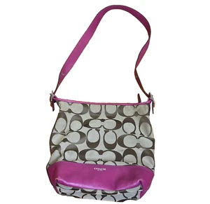 Coach Legacy Shoulder Purse 21149 Khaki Fuchsia Signature Canvas Leather Trim - Picture 1 of 11