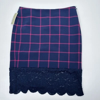 NWT Michael Kors Pencil Skirt Navy Red Plaid Lace Trim Size 8 - Image 1 of 4