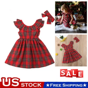Christmas Toddler Kids Girls Check Plaid Princess Dress Headband Set Xmas Outfit - Picture 1 of 8