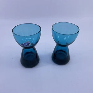 Pair Of Morgantown Glass Peacock Blue Barton Candle Holders / Cordial Shot - Picture 1 of 5