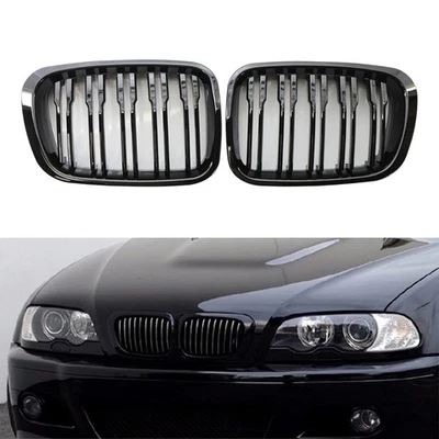 Pair Gloss Front Twin Bar Grille Grills For BMW 3 Series E46 1999-2001 4 Door Foto 1 de 4