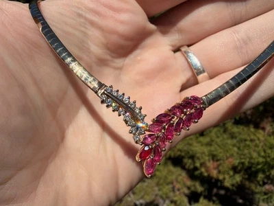 Vintage 14k Solid Gold Omega Natural Marque Ruby & Diamond Necklace Pave Cluster - Image 1 of 4