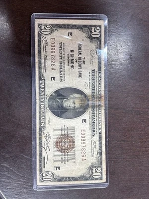1929 Federal Reserve Of Richmond Virginia, 20.00 Dollar Bill - Image 1 of 2