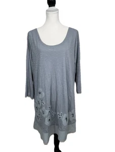 LOGO Lori Goldstein Knit Blouse Plus Size 3X Blue-Gray Tunic Top Beaded Leaves - Picture 1 of 11