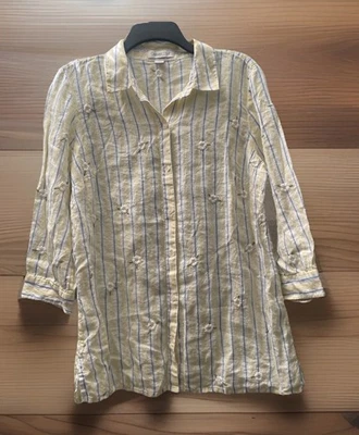 Coldwater Creek Top 女式 M 100% 亚麻条纹刺绣 Daisy Cottagecore — 第 1/4 张图片