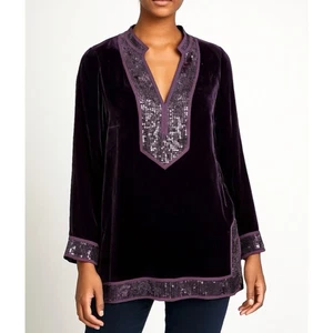 Top túnica cuello mandarín con ribete de lentejuelas de terciopelo púrpura colección Nygard - Imagen 1 de 7