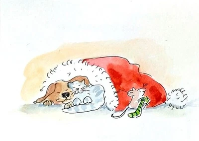 NEW! ACEO Watercolor Painting CAT  DOG Xmas mouse Funny Original Art card signed - Image 1 of 4