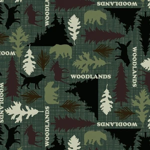 Woodlands Green Plaid Bear Moose Trees Leaves Animal Fleece Fabric Print A221.02 - Picture 1 of 1