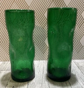 Vintage Blenko Bischoff Green Crackle Dimple Glass Vase 7.5” Pair - Picture 1 of 5