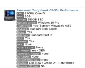 Panasonic ToughBook CF-53 Core i5-4310U @2.0GHz 8GB RAM 250GB SSD Win 10 Pro - Picture 1 of 9