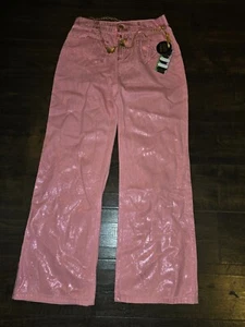Justice Wicked Girls Size 7 16 Pink Metallic Denim Relaxed Baggy Flare W/Belt - Picture 1 of 10