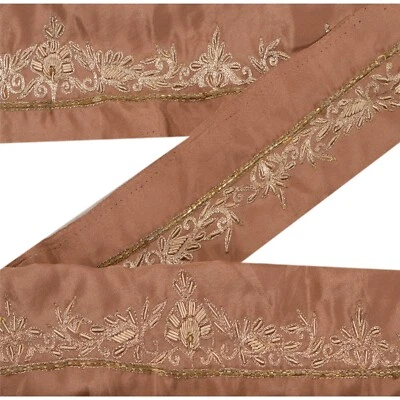 Sanskriti Vintage 1 Yarda Sari Borde Cuentas Mano Costura Marrón Artesanal Encaje Foto 1 de 4