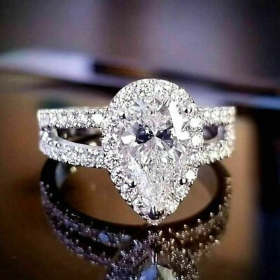 Luster 3.00 Ct Pear Cut Off White Treated Diamond Ring 925 Sterling Silver - Image 1 of 2