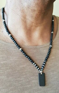 Mens Black beaded necklace, Handmade,dog tag Style,yak bone beads,tribal - Picture 1 of 3