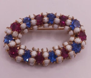 Vintage Fuchsia and Blue Sapphire Colored and Milk Glass Brooch - Picture 1 of 3