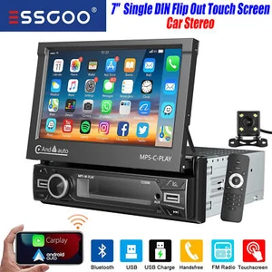 Single 1 DIN 7" Carplay Car Stereo Radio Head Unit Flip Out Touch Screen Camera - Picture 1 of 15