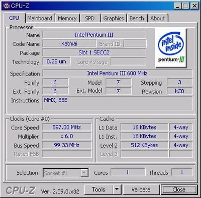 INTEL PentiumIII 600 MHz (FSB100MHz) Slot1 Katmai without cooler used normal - Image 1 of 4