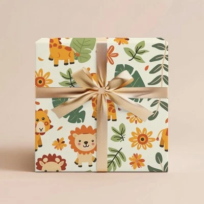 Safari Animal Wrapping Paper, Jungle Baby Shower or 1st Birthday Gift Roll - Image 1 of 4