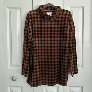 Carreau Womens Velvet Checkered Turtleneck Top Large Y2K Brown Black - Picture 1 of 9