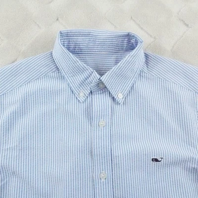 Vineyard Vines 泡泡纱纽扣衬衫男式小号性能条纹蓝色 — 第 1/4 张图片