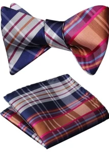 Mens Bowtie Colorful Plaid Self Bow Tie Hanky Set - Picture 1 of 4