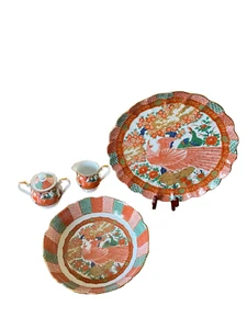 Vintage 1987 Arita Imari Peacock Platter/Bowl/Creamer/Lidded Sugar Bowl 4 pieces - Picture 1 of 17
