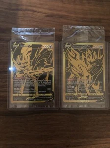Juego de cartas coleccionables Pokémon Zacian V SWSH076 y Zamazenta V SWSH077 dorado ultra premium promoción raro - Imagen 1 de 3