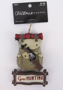 Gone Hunting Backpack Ornament Resin Christmas Red & Black Plaid Blanket - Picture 1 of 12