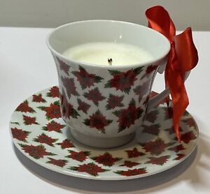 BfH Winter Floral Fragranced Candle in Cup & Saucer Small Red Poinsettias Used