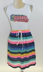 White "Girl Power" tank & multicolor stripe skirt size 10 - Picture 1 of 4