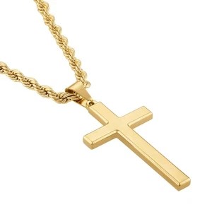 14K Stainless Steel Gold Plated Rope Chain Cross Pendant Necklace 4MM Cross N... - Picture 1 of 7